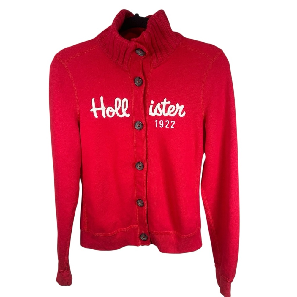 Hollister Red Button Fleece Cardigan Jacket Y2K Preppy Logo M‎ Soft Girl Cozy